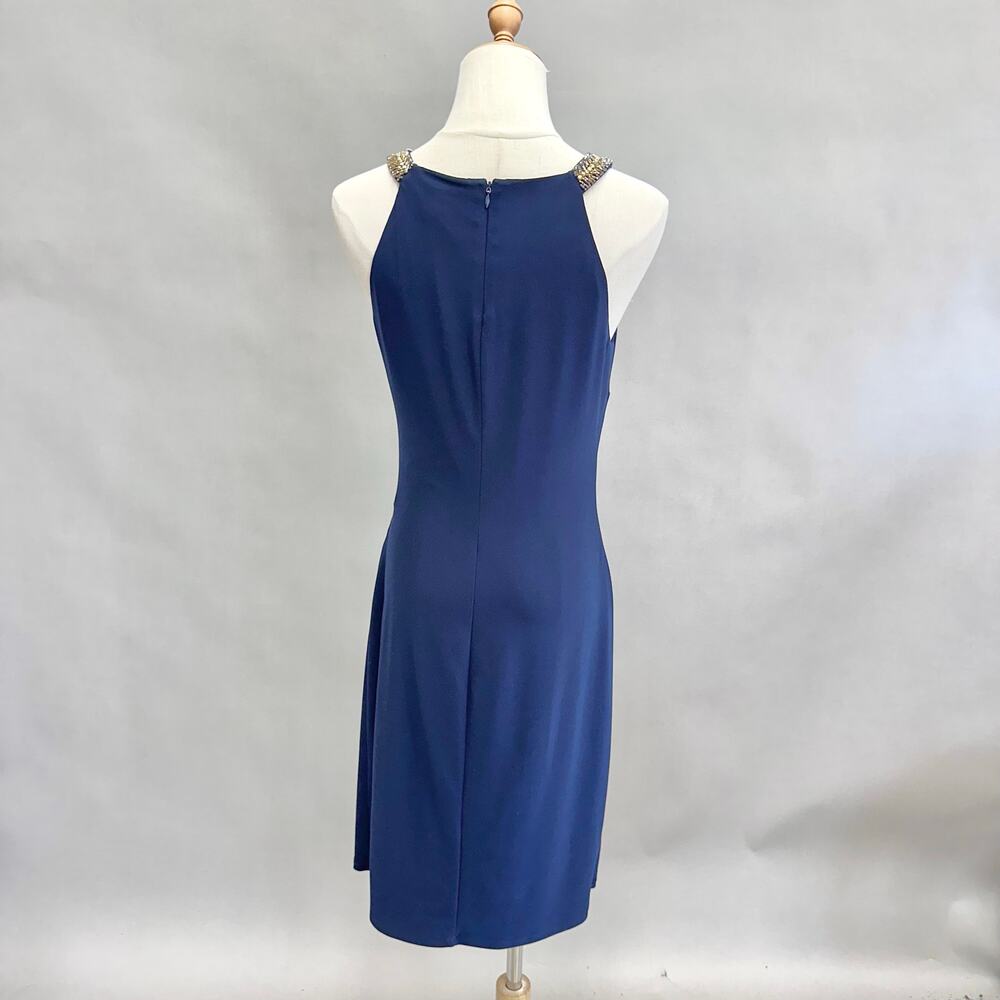 LRL Ralph Lauren Evening Navy Ruched Beaded‎ Sheath Dress Size 8 - Picture 3 of 14
